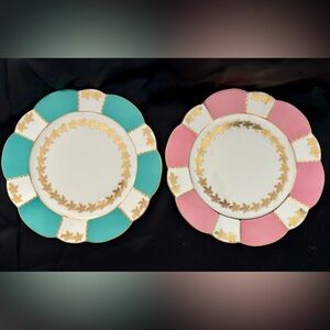 Shelley China Dessert Plates Numbered Gold-Trimmed Dinner Plates - Teal and Pink